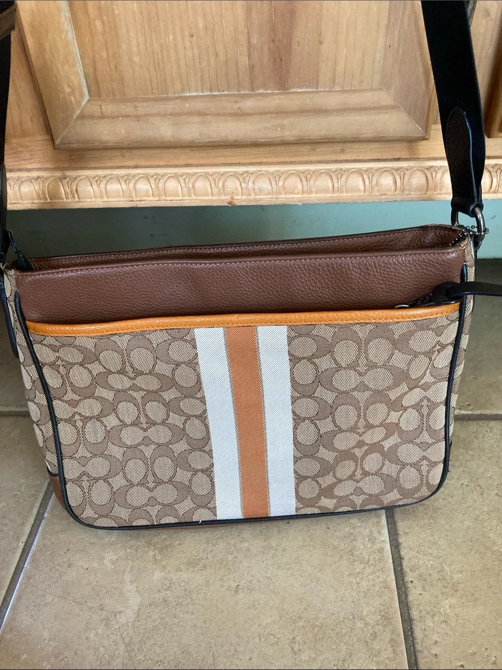Coach Men’s Brown Signature Patterned Crossbody Messenger Bag with Stripe Accent